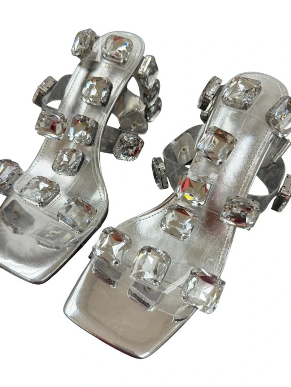 Women’s Silver Rhinestone Crystal Clear Strap Heeled Sandals Glam Shoes Size 6.5